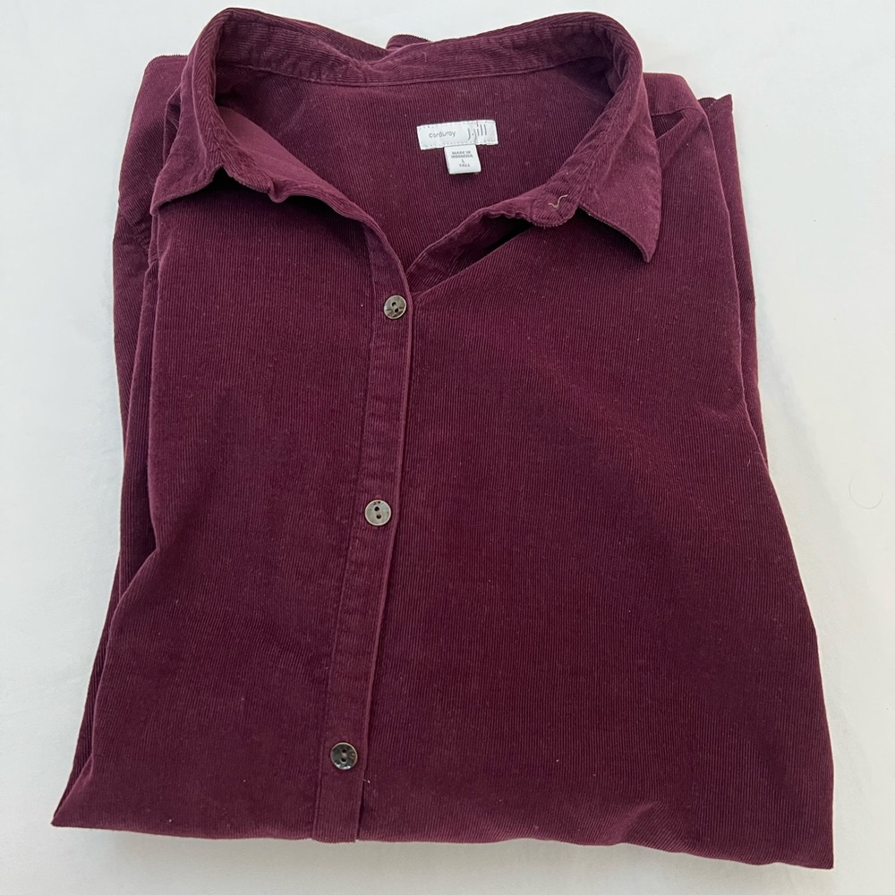 J Jill Corduroy Shirt Tunic Size LARGE TALL Button Front Wine Burgundy - Picture 1 of 15